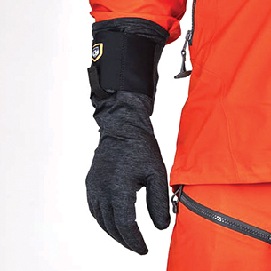 Black ski gloves and orange ski apparel